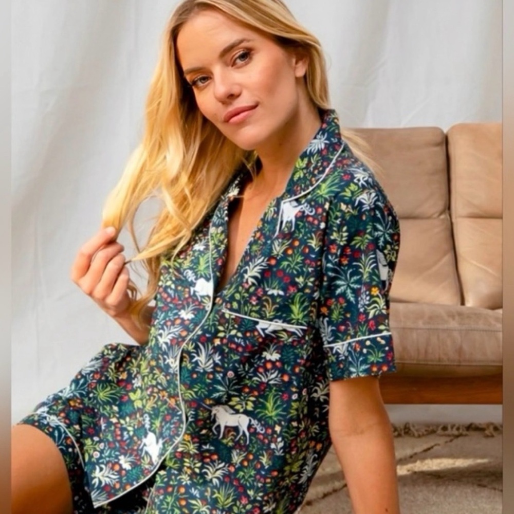Printfresh NWT Petite Small PJ Short Set Unicorn’s Garden print in Indigo